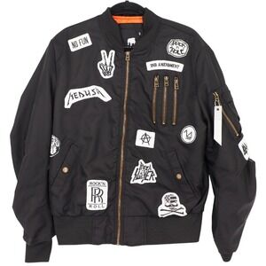 American Stitch Womens Black Patch Flight Bomber Jacket Ruched Sleeve Size S